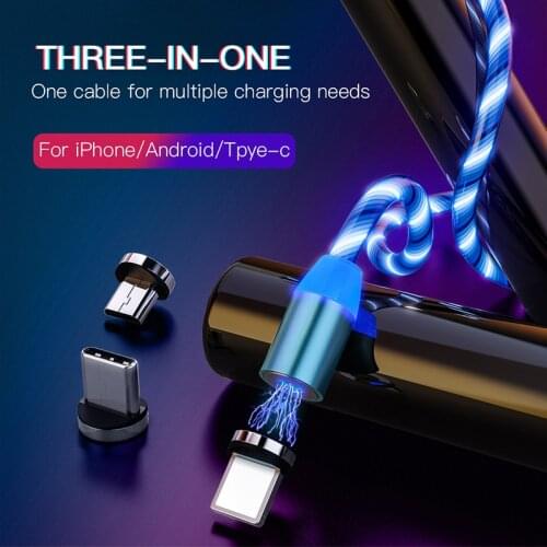 2M Long LED Streamer Magnetic USB C Cable Micro USB Magnetic Cable Android Charging Wire USB Cable Charge Luminous Lighting Cord