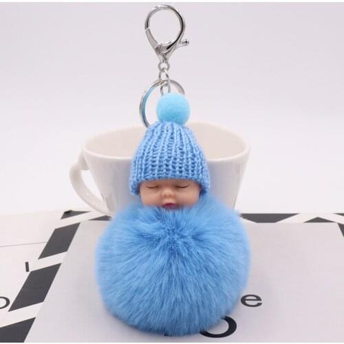 Fashion Colorful Sleeping Baby Doll Hanging Piece Hair Ball Pendant Cute Fluffy Pompom Chain Cotton Wool Holder Bag Ball Toy