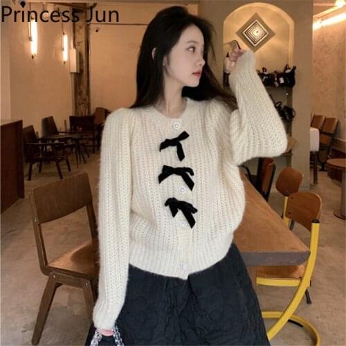 Gentle Women Fashion Knitted Cardigan O Neck Sweet Retro Bowknot Single-breasted Red Sweater New Autumn Spring Chic Top Knitwear