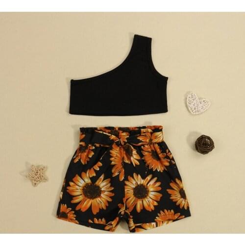 Baby Girls Clothes Solid Color Sleeveless Off-shoulder Cropped Tops + Sunflower Print Bandage Short Pants 2 Piece Set for 2-7T