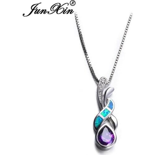 JUNXIN Geometric Design Blue Opal Necklace Silver Color Necklaces Pendants For Women New Fashion Jewelry Best Gift