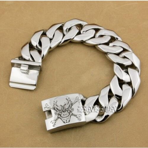 Deep Engraved Pirate Skull Huge Heavy 316L Stainless Steel Mens Boys Biker Rock Punk Curb Link Bracelet 5C105