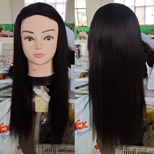 Yaki Straight Wig 3/4Human Hair Half Wigs For Women Brazilian Remy Italian Yaki Human Hair Machine Wigs with Combs and Clips