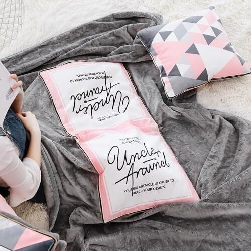 Pink Geometric Printing Cushion Blanket Flannel Air Conditioning Blanket Sofa Pillow Dual-use Square Seat Cushions Home Pillows