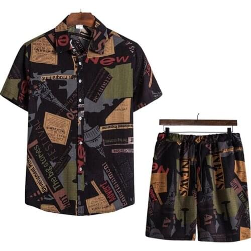 Mens Sets Vintage Newspaper Letters Print Short Sleeve Shirt and Shorts Set Men Casual Hawaiian Shirt Suits Men Two Piece Set