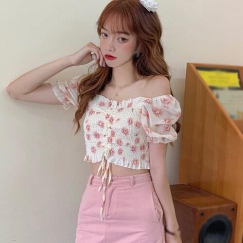 Korean Style Floral Print Shirts Sweet Sexy Square Collar Long Sleeve Short Sleeve Blouse Pleated Chiffon Shirt Tops