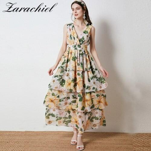 S-XXL 2021 Summer Camellia Floral Print Cascading Ruffles Maxi Dress Womens Sleeveless V-Neck Backless Chiffon Long Cake Dress