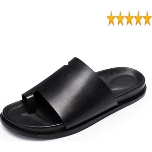 Summer Genuine Men Leather Slippers Footwear Gothic Casual Shoes Black Outdoor Flip Flops Male Open Toe Non-Slip Flat Sandals