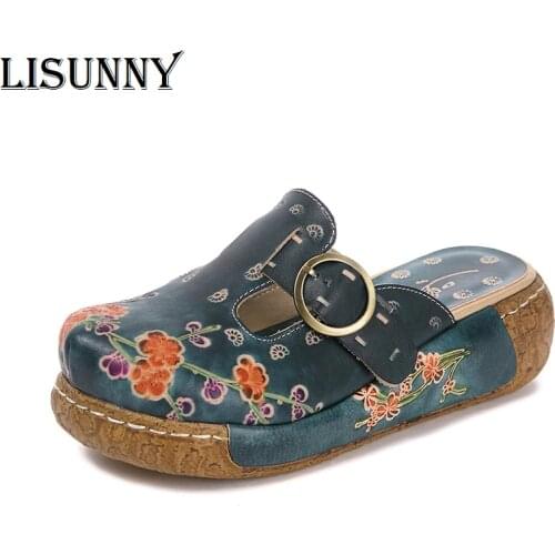Shoes Flower Slippers 2020 Genuine Leather Handmade Slides Flip Flop On The Platform Clogs For Women Woman Slippers Plus Size