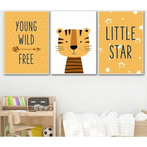 Yellow Tiger Nursery Wall Art Poster Baby Animal Quote Canvas Painting Cartoon Decoration Kids Bedroom Wall Picture Decor Art