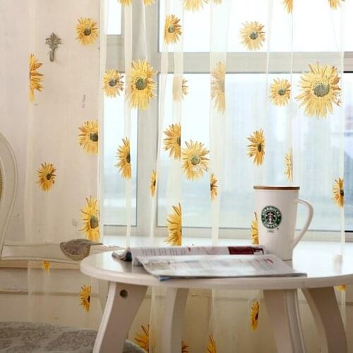 Country Style Tulle Sheer Sun Flower Printed Window Balcony Curtains for Home Living Room Decoration in the Kitchen Cafe Curtain