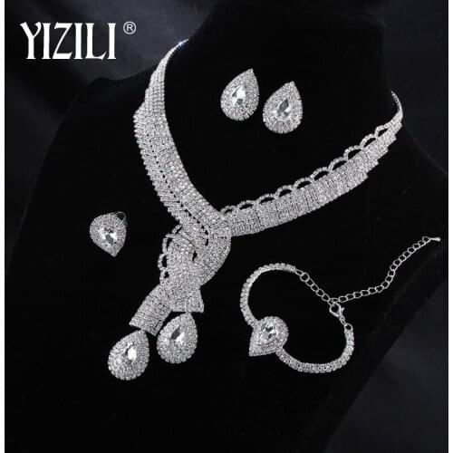 YIZILI Luxury jewelry set Elegant Shape Bridal CZ necklace earrings bracelet ring 4pcs Big Wedding Jewelry Sets For Bride T005