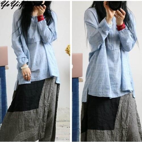 YoYiKamomo 2018 Women Cotton Linen Shirt New Original Stripe Big Size Thin Long Sleeve Loose Big Size Blouse