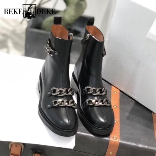 Metal Chains Ankle Boots Women Zip England Style Genuine Leather Moto Biker Boots High Quality Thick Heel High-Top Boots Shoes
