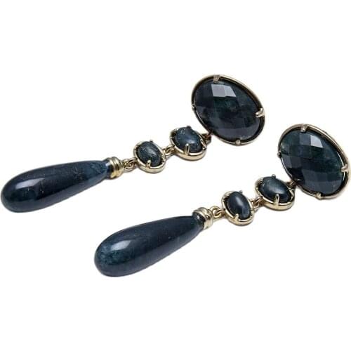 GG Jewelry Natural Deep Green SEA WEED Agates Dangle Gold Color Plated Stud Earrings Handmade For Women