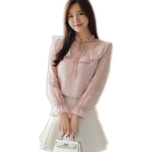 2019 New Fashion Women Chiffon Blouses Female Spring Autumn Ruffled Collar Long Flare Sleeve Shirts Female Casual Blosues Q1268