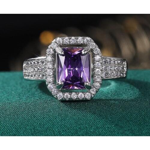 Silver Color Square Purple Zircon Ring Vintage Party Elegant Accessories Luxury Womens Jewelry Cocktail Ring Birthday Gift