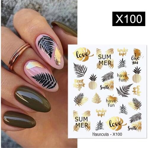 Harunouta Gold Black Laser Leaves Tree Nail Sticker Holographics Geometrics Lines Adhesive Transfer Sticker DIY Nail Decoration