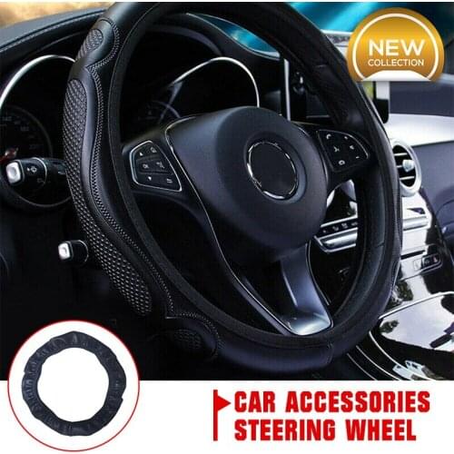 Pcmos Car Accessories Steering Wheel Cover Leather Breathable Anti-slip For 15''/38cm Interior Accessories Steering Covers Black