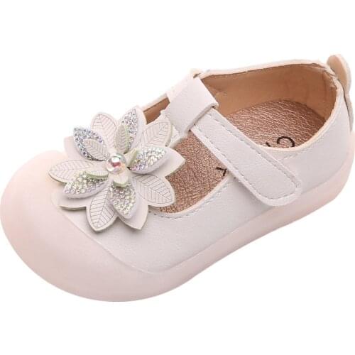 Toddlers Girls Leather Shoes Fashion Floral Dress Shoes Infants Flats T-strap Flowers with Rhinestone Little Baby Girl Shoes New