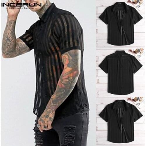 INCERUN 2021 Fashion Sexy Striped Men Shirt Short Sleeve Lapel Neck Transparent Tops See Through Nightclub Party Men Shirts 5XL