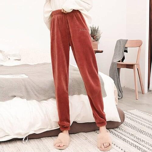 JULYS SONG Flannel Long Sleep Bottoms for Women Warm Winter Pajamas Loose Solid Elastic Waist Casual Pants Female Homewear