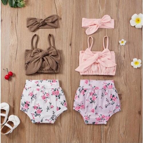 3 Pcs Newborn Summer Outfits Baby Girls Solid Color Spaghetti Strap Boat Neck Camisole with Bowknot Floral Shorts Headband Sets