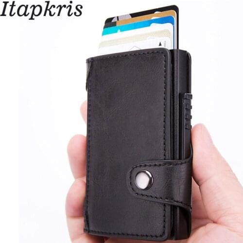 Itapkris Men Credit ID Card Holder Fashion Women PU Leather Wallet Business RFID wallet High Quality Aluminum Travel Case Black