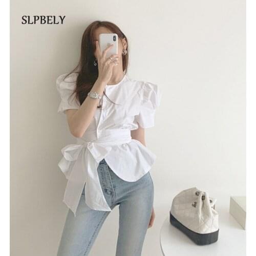 SLPBELY Summer New Women Shirt Round Neck Puff Sleeves Tie Waist Shirts Female Korean Style Thin And comfortable Fashion Top
