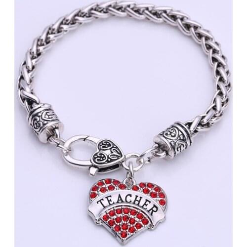 Best-Selling fashion rhodium plated with sparkling crystals TEACHER heart charm bracelet Lobster-claw-clasps