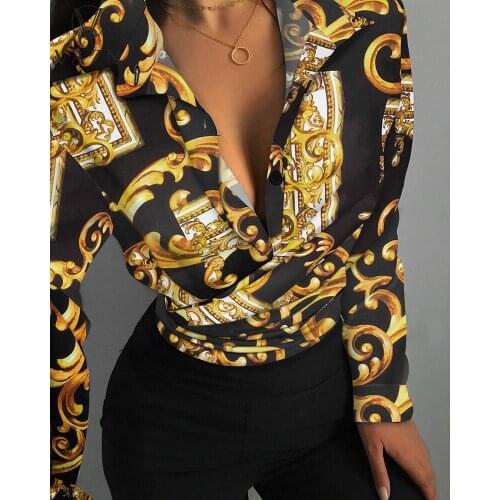 VAZN 2021 Spring Women Fashion New Street Casual Style Shirt Long Sleeve Lapel Shirt Deep V Printed Comfortable Shirt