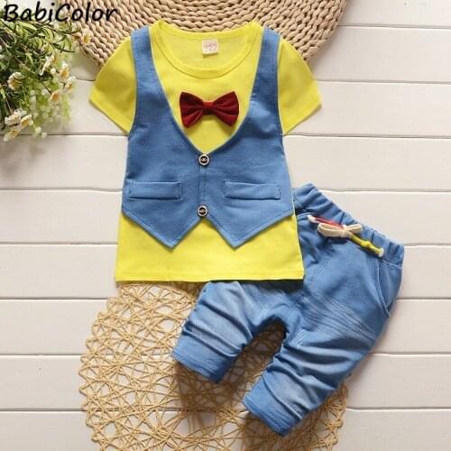 BibiCola Boys clothing Summer Kids 2pcs clothes Baby vest Tie style short sleeve T-shirt+Shorts outfit gentleman Clothing Sets
