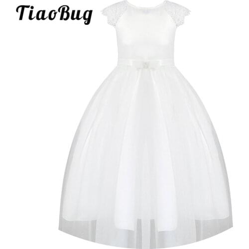 Kids Girls Flower Dress Short Hollow Out Lace Sleeve Tulle Party Gowns Flower Girl Wedding White First Communion Birthday Dress