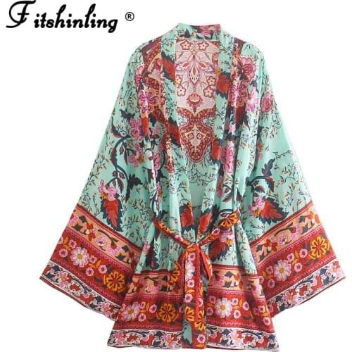 Fitshinling New Arrival Beach Kimono With Sashes Print Floral Cotton Slim Bikini Cover Up Swimwear Bohemian Big Sleeve Cardigan