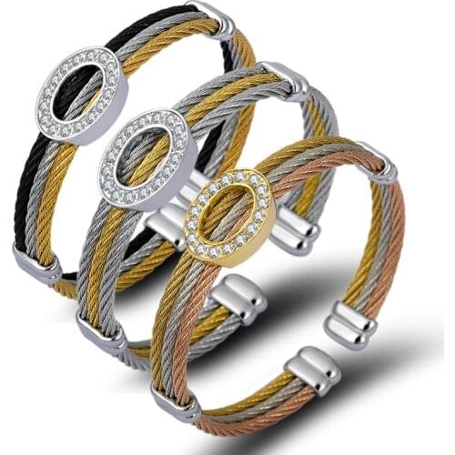Hollow Circle Cable Wire Bracelet Cubic Zirconia Cuff Bracelet Stainless Steel Jewelry Women Trendy Twist Bracelets