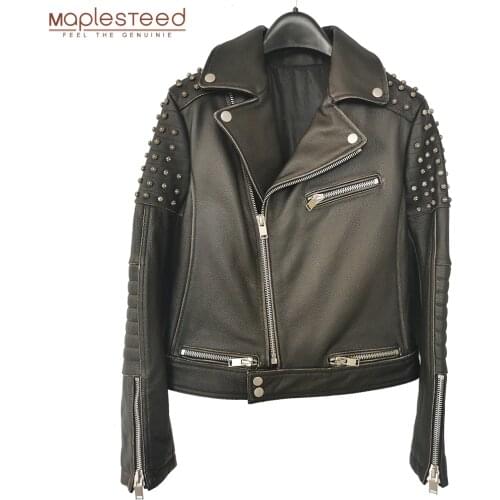 LOOK! What is the SUPER Factory Quality? Rivets Motorcycle Jacket Women Thick Soft Wine Red Sheepskin Black Cowhide Leather M499