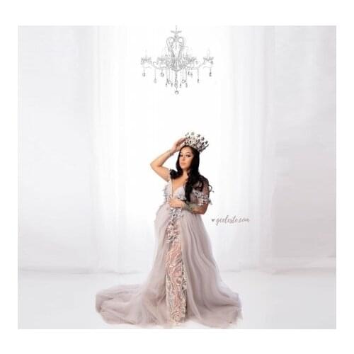 Luxury Lace Maternity Dresses Cap Sleeves Floor Length V Neck Beaded 3D Flower Custom Made Tulle Pregnancy Photoshoot Dress