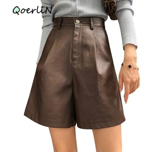 Boosty Bermuda Shorts Imitation PU Leather Shorts Womens Autumn Winter New Loose Wide Leg PU Shorts Black Knee-Length Trouser