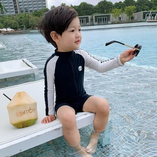Little Boys One Piece Swimsuit Panda Printed Children Swimwear Long Sleeve Sun Block Quick-dry Summer Cute Swimming Suit