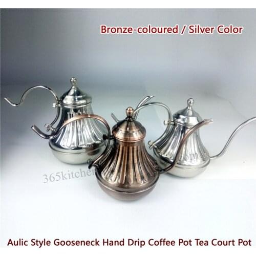 Court Style Hand Drip Kettle Pour Over Coffee & Tea Pot Premium Stainless Steel 450ml/650ml Silver / Bronze Color
