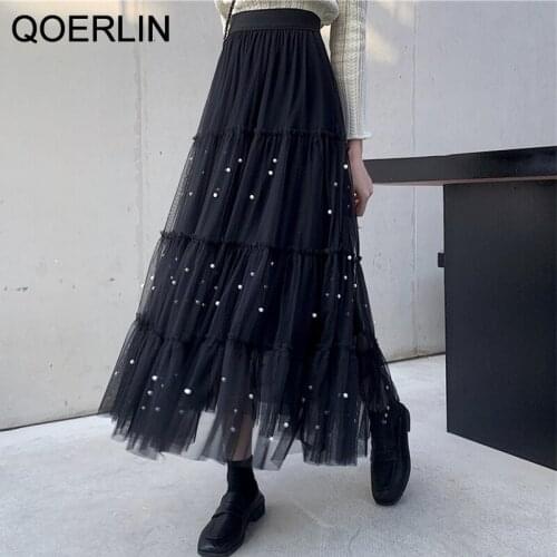 QOERLIN New Girly High Waist Ruffle Mesh Skirt Women Chic A-line Beaded Skirt Mid-length Tulle Skirt Apricot Black Long Skirts