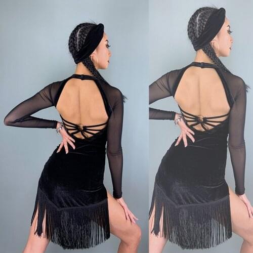 Sexy Latin Tops Women Velvet Stage Costume Fringe Latin Skirt Samba Tango Dancewear Cha Cha Dance Outfit Designer Clothes JL3478