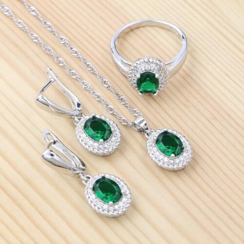 925 Silver Jewelry Sets For Women Green Cubic Zirconia White Crystal Oval Earrings/Pendant/Necklace/Ring Set