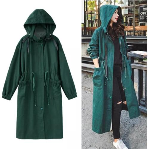 Womens trench coat 2021 spring and autumn windbreaker female long green coat loose wild drawstring ladies tooling trench coat