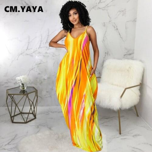 CM.YAYA Women Long Dress Print Sleeveless Strap V-neck Loose Maxi Dresses with Pockets Fashion Casual Vestidos Summer Outfits