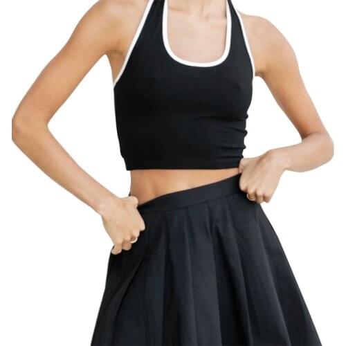 Women Summer Halter Sleeveless Vest Sexy Low Cut U-Neck Backless Crop Top Contrast Color Trim Bodycon Mini Camis Shirts