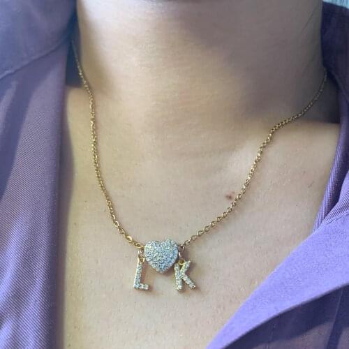 2 Letters Name Shiny Zircon Heart Pendant Necklace Simple Trendy Micro Pave CZ ABC Alphabet Charm Steel Chain Choker Jewelry