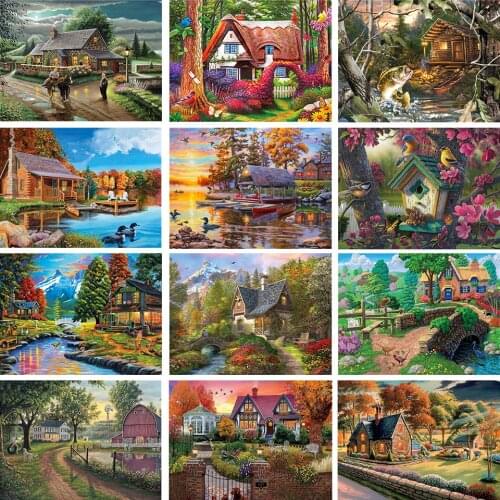 5D DIY Diamond Painting Kits Landscape Painting Landscape Painting House Full Round With AB Drill Diamond Home Decoration Sunset