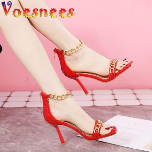 Red Square Toe Women Shoes Summer Zip Metal Thin Heels Sandals Stone Pattern Walk Show High Heels Sexy Peep Toe Dress Party Shoe
