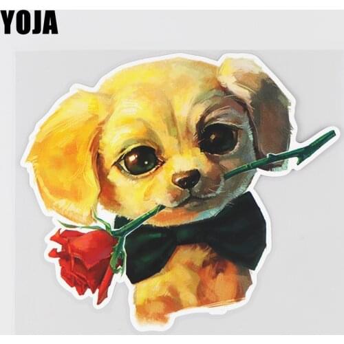 YOJA 18.5×16CM Cartoon Dog Holding A Rose Decoration Car Accessories Creative Animal Stickers 19B-0046
